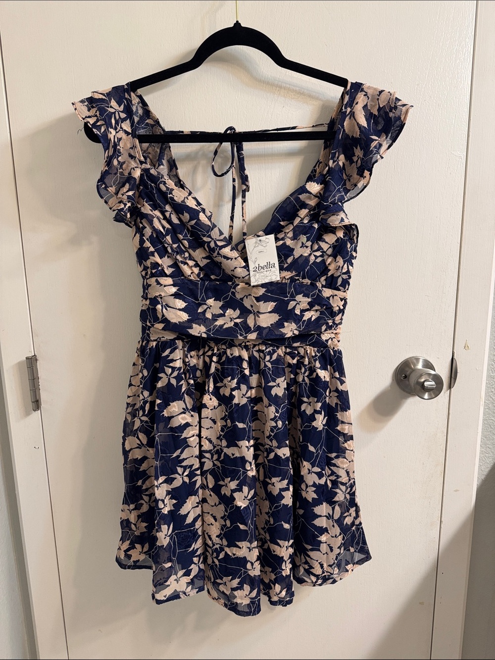 NWT 2Bella Navy Blue Floral Skater Dress with Cap Sleeves-Wedding Guest dress